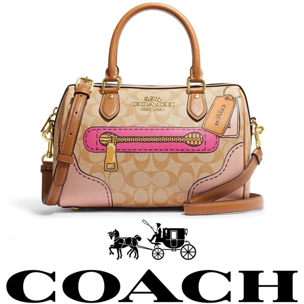 Leather Coach Rowan Satchel in Signature Canvas with a Trompe L'oeil print